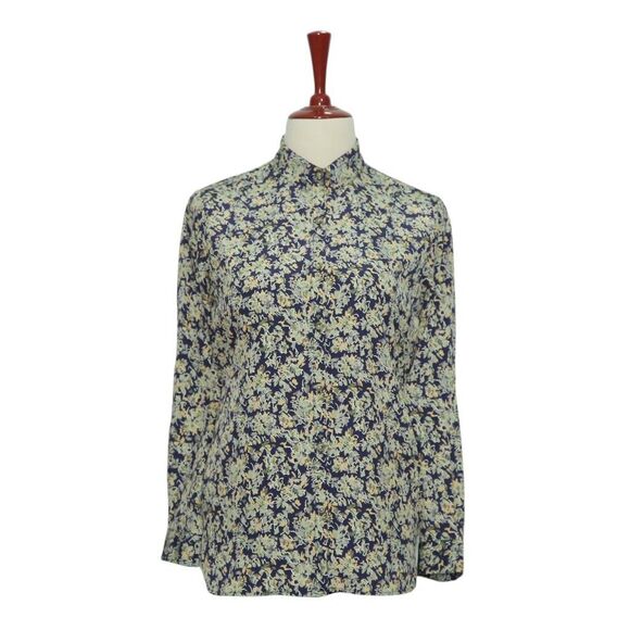Womens Silky Satin Shirt Blue Green Floral Blouse Button Up Dressy Top Medium - Picture 1 of 7